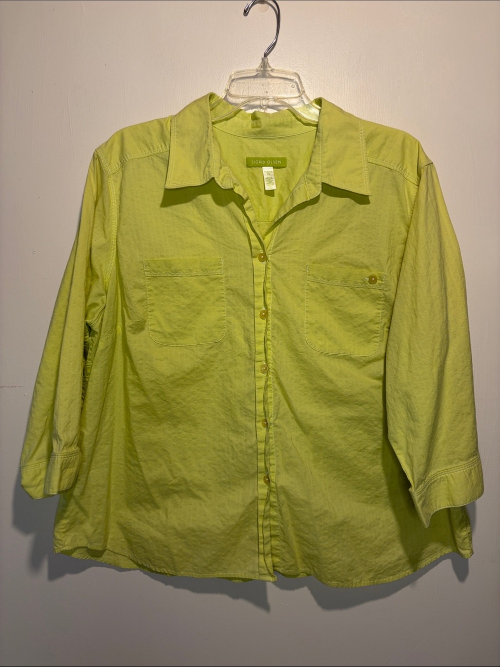 Sigrid Olsen Boxy Button Down Shirt Lemon Yellow Subtle Pinstripe Pockets SZ 2X